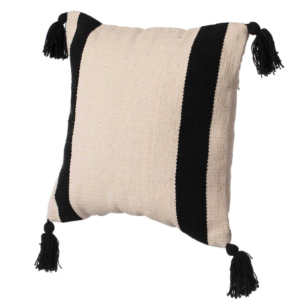 Deerlux 16" Handwoven Cotton Throw Pillow Cover with Side Stripes with Filler, Black QI004311.BK.K - main